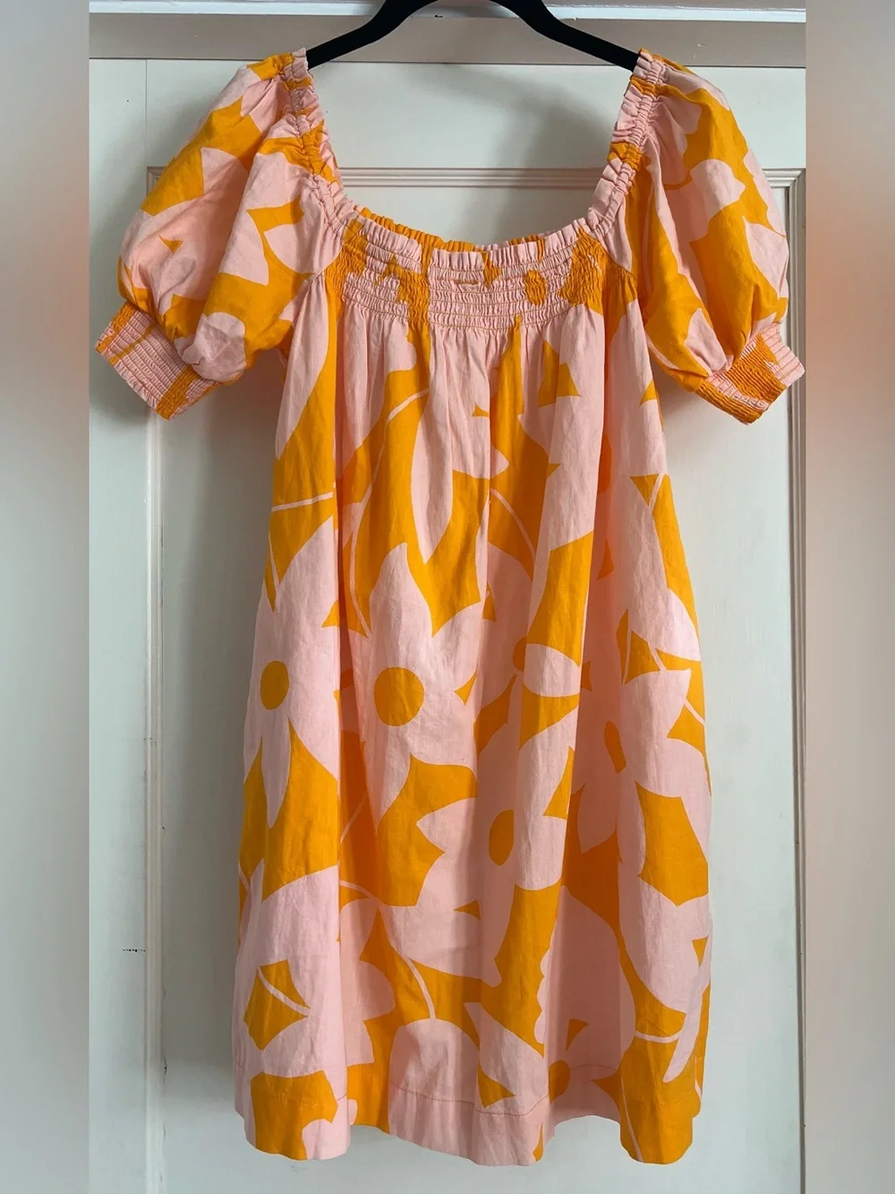 Free People Cotton Puff Sleeve Mila Printed Mini Dress Tangerine Combo Size XS